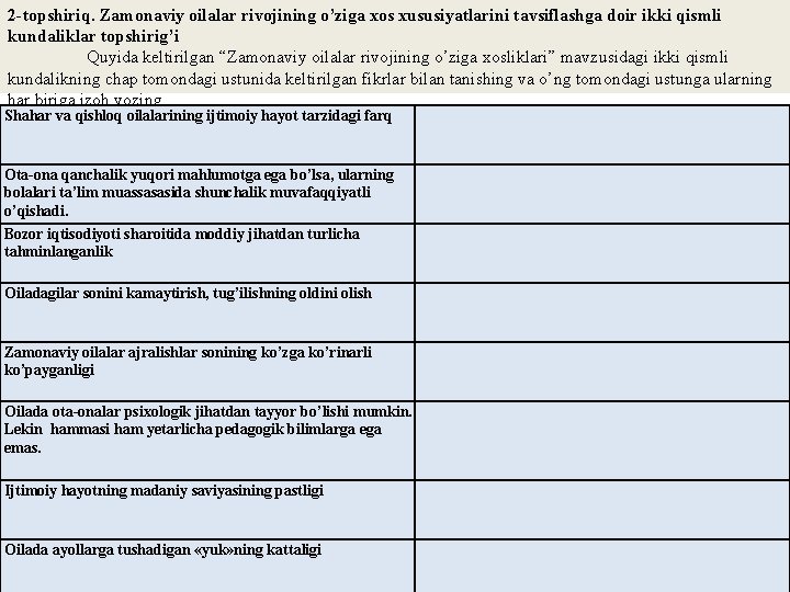 2 -topshiriq. Zamonaviy oilalar rivojining o’ziga xos xususiyatlarini tavsiflashga doir ikki qismli kundaliklar topshirig’i