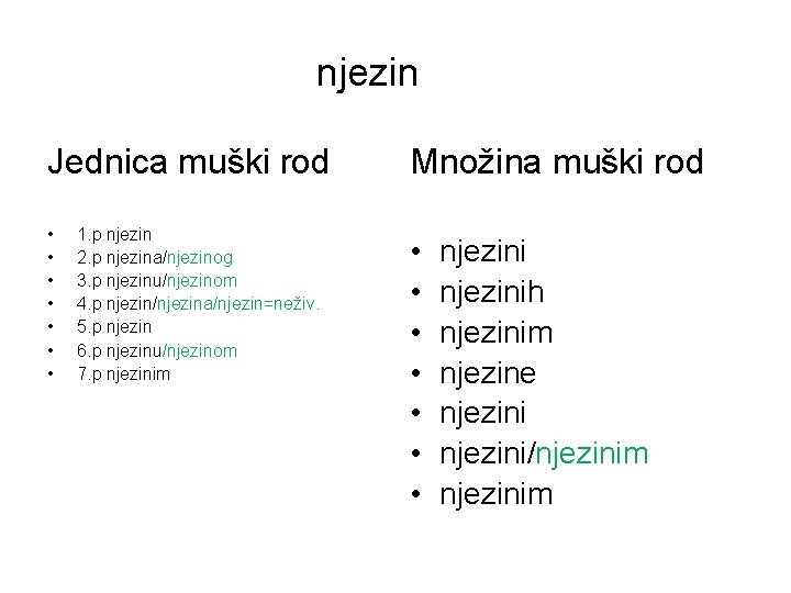 njezin Jednica muški rod Množina muški rod • • • • 1. p njezin