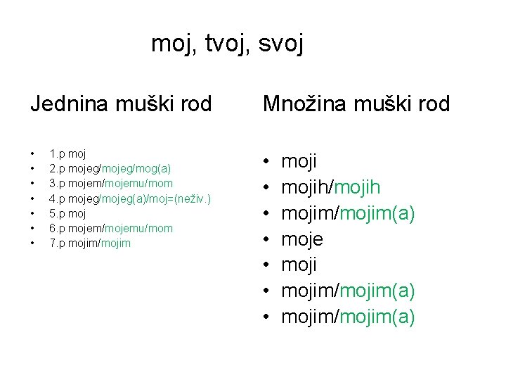 moj, tvoj, svoj Jednina muški rod Množina muški rod • • • • 1.