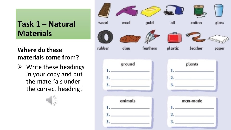 Task 1 – Natural Materials Where do these materials come from? Ø Write these