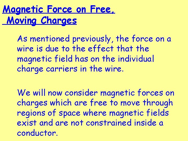 Magnetic Force on Free, Moving Charges As mentioned previously, the force on a wire