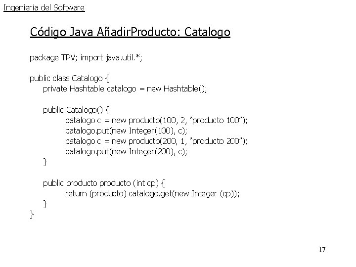 Ingeniería del Software Código Java Añadir. Producto: Catalogo package TPV; import java. util. *; Ingeniería del Software Código Java Añadir. Producto: Catalogo package TPV; import java. util. *;