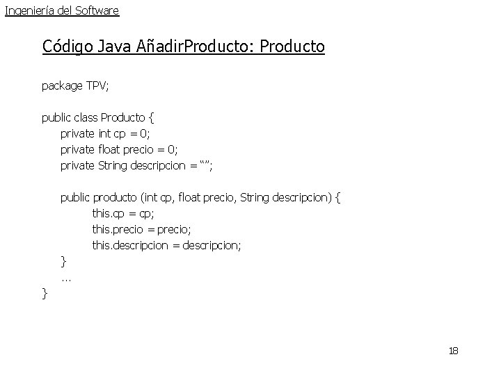 Ingeniería del Software Código Java Añadir. Producto: Producto package TPV; public class Producto { Ingeniería del Software Código Java Añadir. Producto: Producto package TPV; public class Producto {