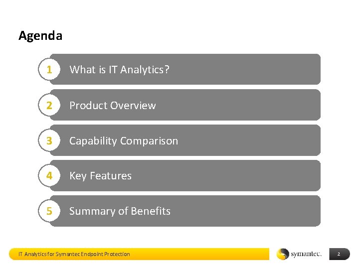 Agenda 1 What is IT Analytics? 2 Product Overview 3 Capability Comparison 4 Key