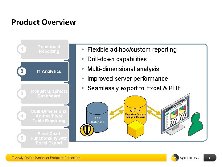 Product Overview 1 Traditional Reporting • Flexible ad-hoc/custom reporting • Drill-down capabilities 2 IT