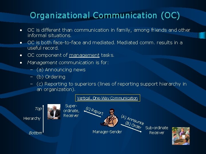 Organizational Communication (OC) • OC is different than communication in family, among friends and