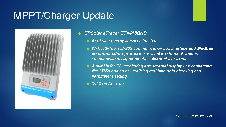 MPPT/Charger Update EPSolar e. Tracer ET 4415 BND Real-time energy statistics function. With RS-485,