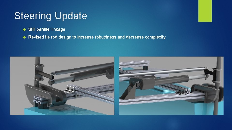 Steering Update Still parallel linkage Revised tie rod design to increase robustness and decrease