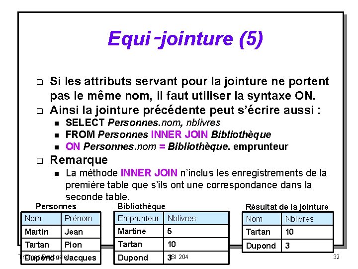 Equi‑jointure (5) q q Si les attributs servant pour la jointure ne portent pas