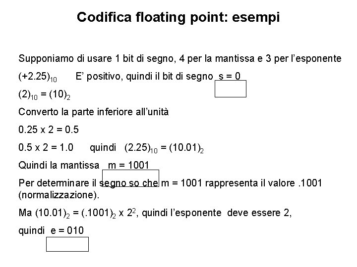 Codifica floating point: esempi Supponiamo di usare 1 bit di segno, 4 per la
