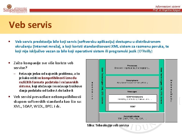 Informacioni sistemi Prof. dr Angelina Njeguš Veb servis § Veb servis predstavlja bilo koji