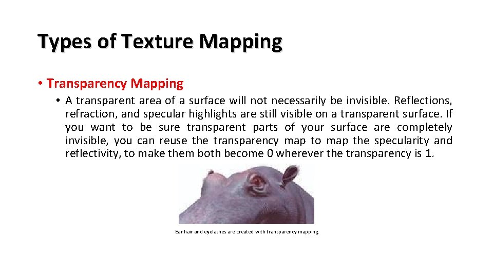 Types of Texture Mapping • Transparency Mapping • A transparent area of a surface