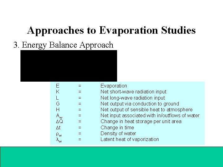 Approaches to Evaporation Studies 3. Energy Balance Approach E K L G H A