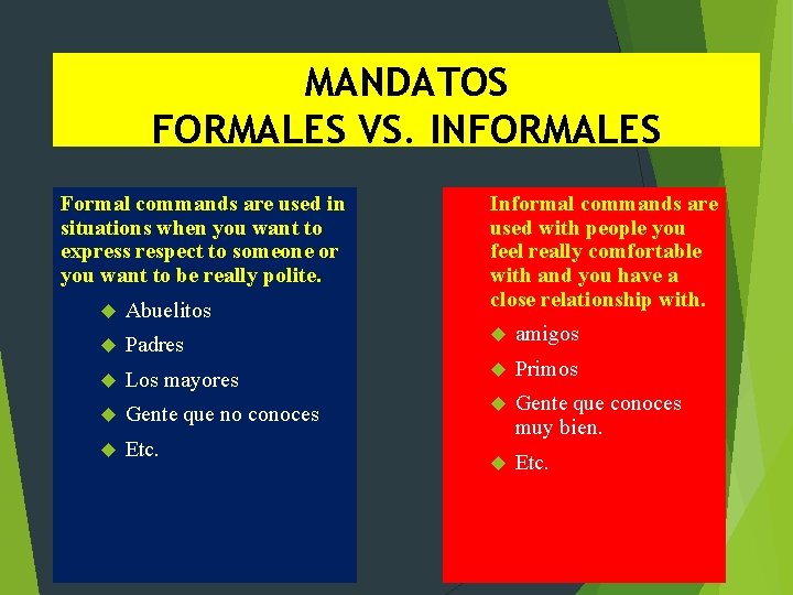 MANDATOS FORMALES VS. INFORMALES Formal commands are used in situations when you want to