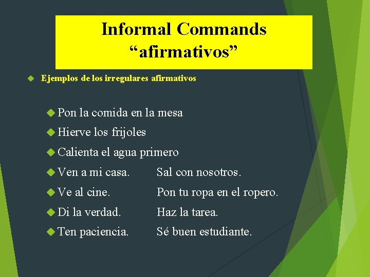 Informal Commands “afirmativos” Ejemplos de los irregulares afirmativos Pon la comida en la mesa