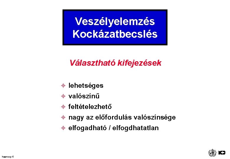 Veszélyelemzés Kockázatbecslés Választható kifejezések ± lehetséges ± valószínű ± feltételezhető ± nagy az előfordulás
