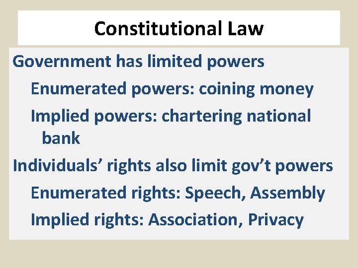 Constitutional Law Government has limited powers Enumerated powers: coining money Implied powers: chartering national