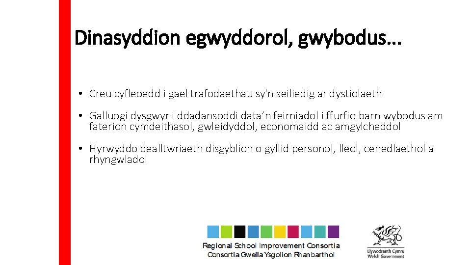 Dinasyddion egwyddorol, gwybodus. . . • Creu cyfleoedd i gael trafodaethau sy'n seiliedig ar