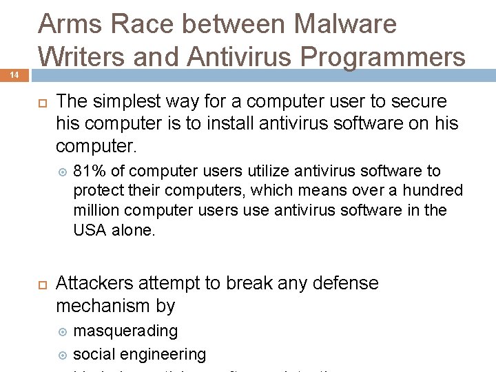 14 Arms Race between Malware Writers and Antivirus Programmers The simplest way for a