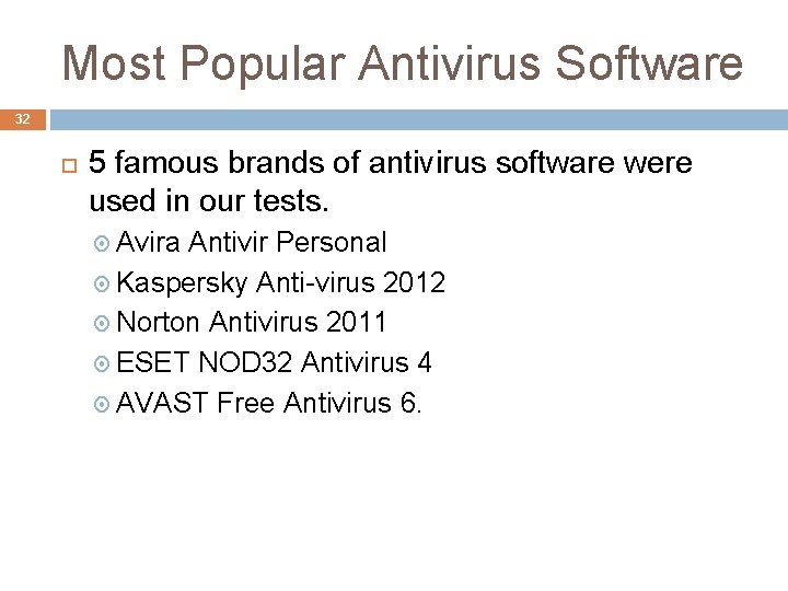 Most Popular Antivirus Software 32 5 famous brands of antivirus software were used in