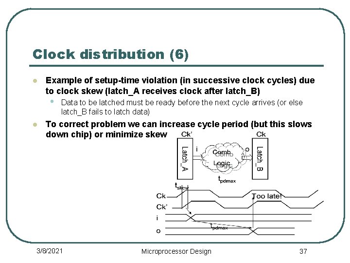 Clock distribution (6) l Example of setup-time violation (in successive clock cycles) due to