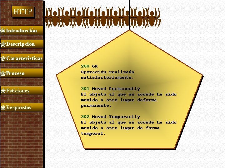  HTTP Introducción Descripción Características Proceso Peticiones Respuestas 200 OK Operación realizada satisfactoriamente. 301