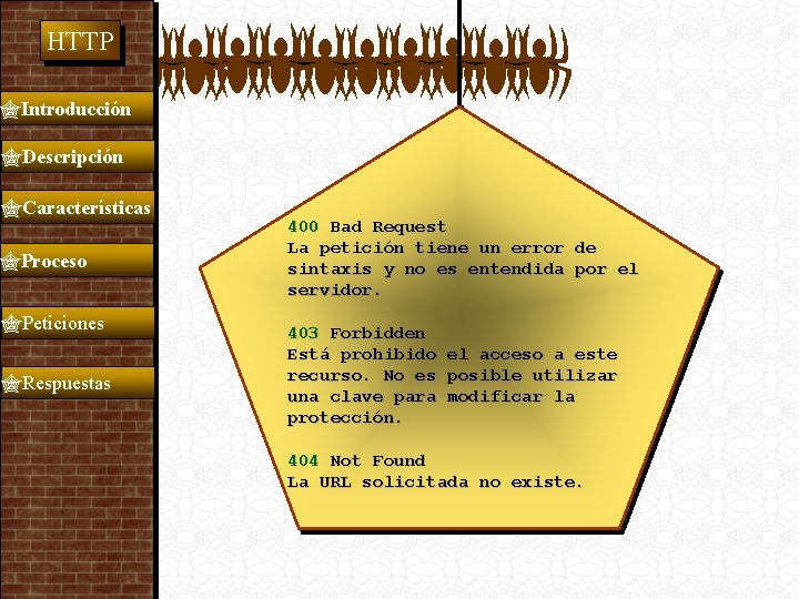  HTTP Introducción Descripción Características Proceso Peticiones Respuestas 400 Bad Request La petición tiene