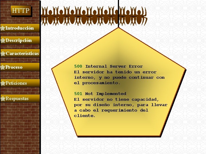  HTTP Introducción Descripción Características Proceso Peticiones Respuestas 500 Internal Server Error El servidor
