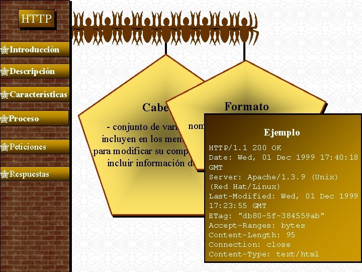  HTTP Introducción Descripción Características Proceso Peticiones Respuestas Cabecera Formato nombre - conjunto de