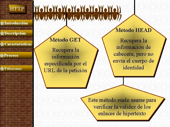  HTTP Introducción Descripción Características Proceso Peticiones Método HEAD Método GET Recupera la información