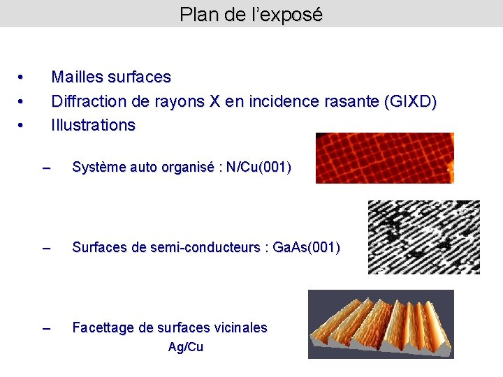 Plan de l’exposé • • • Mailles surfaces Diffraction de rayons X en incidence