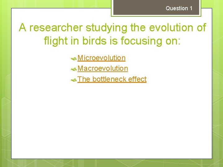Question 1 A researcher studying the evolution of flight in birds is focusing on: