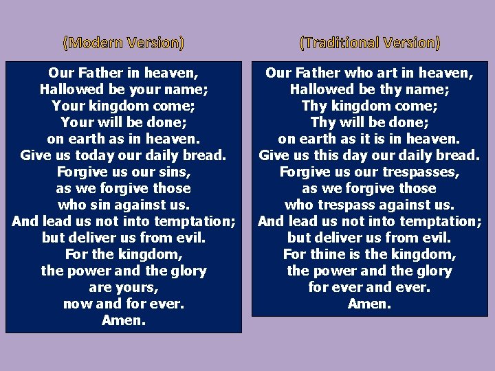 (Modern Version) (Traditional Version) Our Father in heaven, Hallowed be your name; Your kingdom (Modern Version) (Traditional Version) Our Father in heaven, Hallowed be your name; Your kingdom