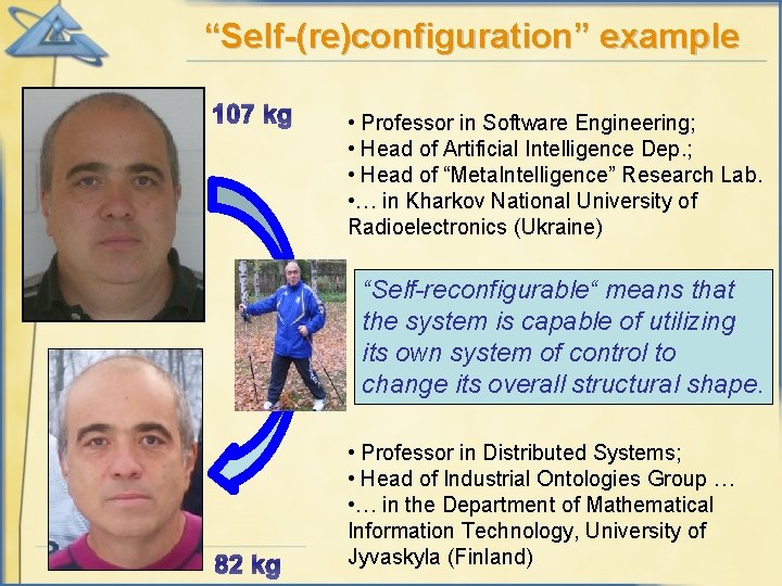 “Self-(re)configuration” example 107 kg • Professor in Software Engineering; • Head of Artificial Intelligence