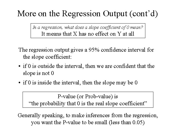 More on the Regression Output (cont’d) In a regression, what does a slope coefficient