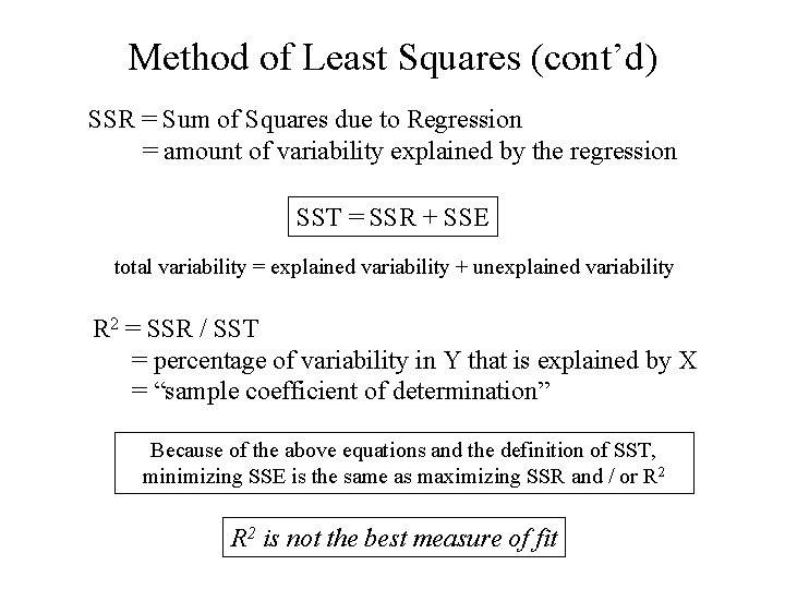 Method of Least Squares (cont’d) SSR = Sum of Squares due to Regression =