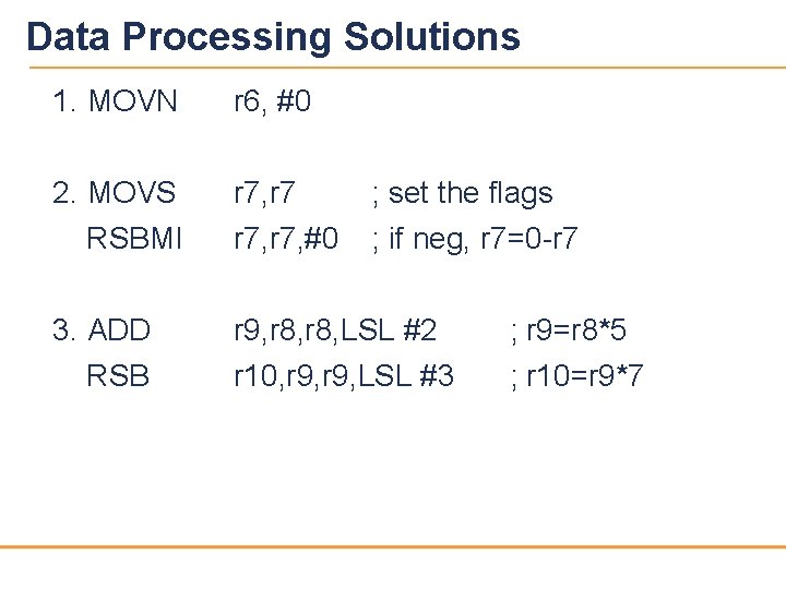 Data Processing Solutions 1. MOVN r 6, #0 2. MOVS RSBMI r 7, #0