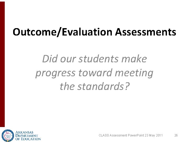 Outcome/Evaluation Assessments Did our students make progress toward meeting the standards? CLASS Assessment Power. Outcome/Evaluation Assessments Did our students make progress toward meeting the standards? CLASS Assessment Power.