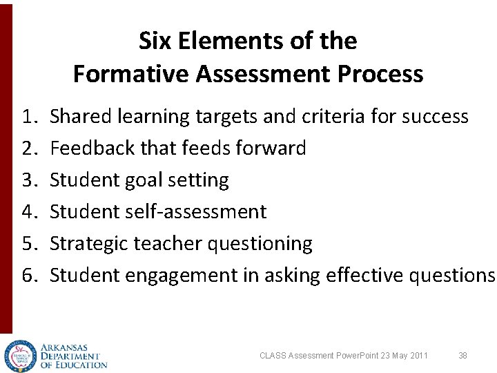 Six Elements of the Formative Assessment Process 1. 2. 3. 4. 5. 6. Shared Six Elements of the Formative Assessment Process 1. 2. 3. 4. 5. 6. Shared