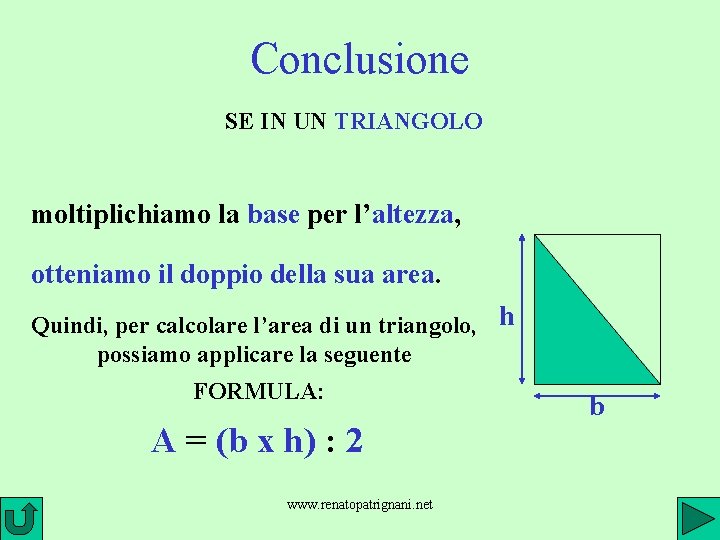 Conclusione SE IN UN TRIANGOLO moltiplichiamo la base per l’altezza, otteniamo il doppio della