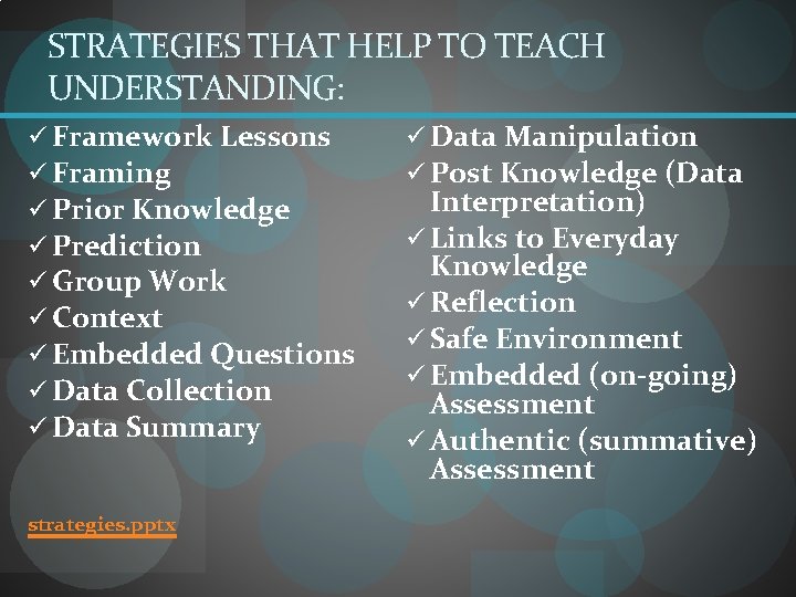 STRATEGIES THAT HELP TO TEACH UNDERSTANDING: ü Framework Lessons ü Framing ü Prior Knowledge