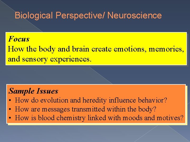 Biological Perspective/ Neuroscience Focus How the body and brain create emotions, memories, and sensory