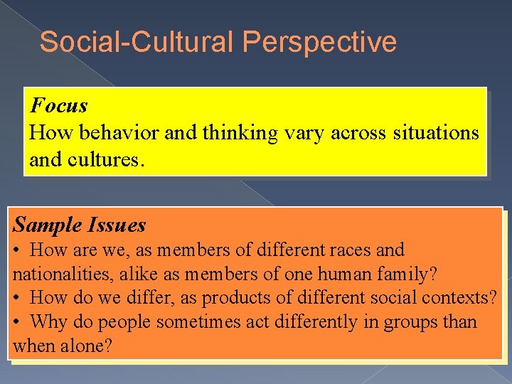 Social-Cultural Perspective Focus How behavior and thinking vary across situations and cultures. Sample Issues