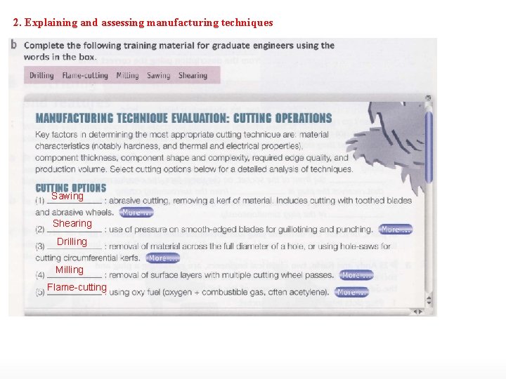 2. Explaining and assessing manufacturing techniques Sawing Shearing Drilling Milling Flame-cutting 