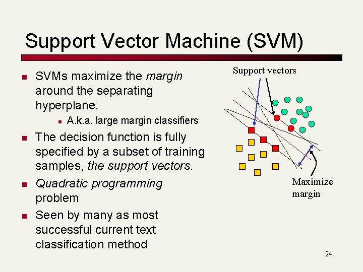 Support Vector Machine (SVM) n SVMs maximize the margin around the separating hyperplane. n