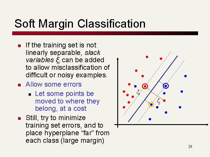 Soft Margin Classification n If the training set is not linearly separable, slack variables