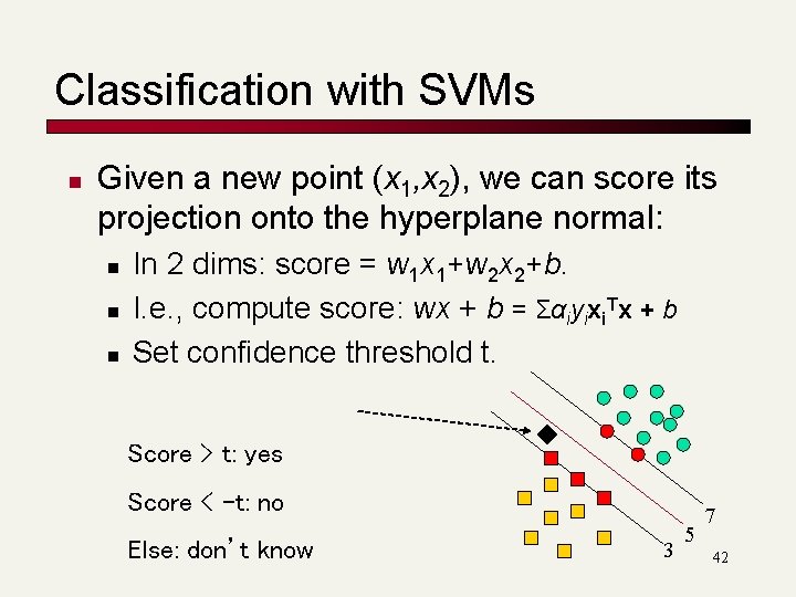 Classification with SVMs n Given a new point (x 1, x 2), we can