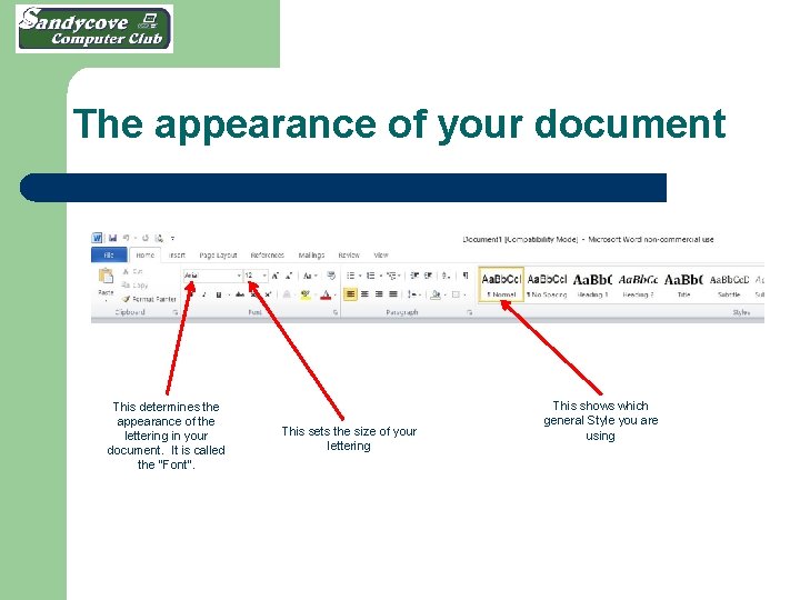 The appearance of your document This determines the appearance of the lettering in your