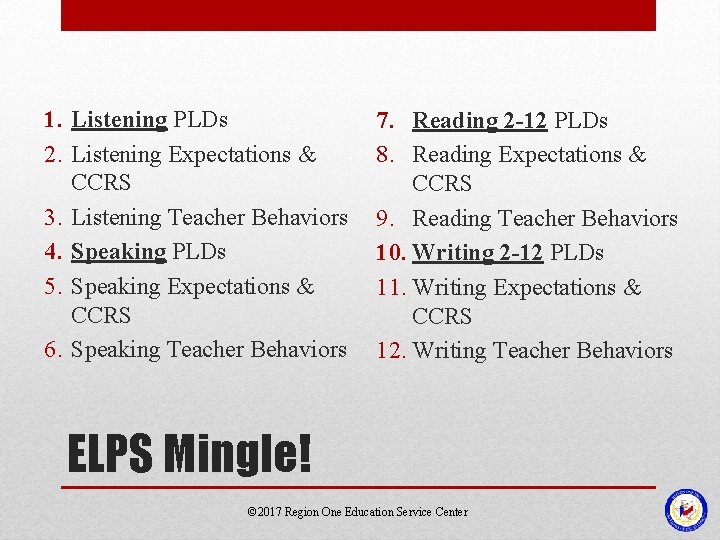 1. Listening PLDs 2. Listening Expectations & CCRS 3. Listening Teacher Behaviors 4. Speaking