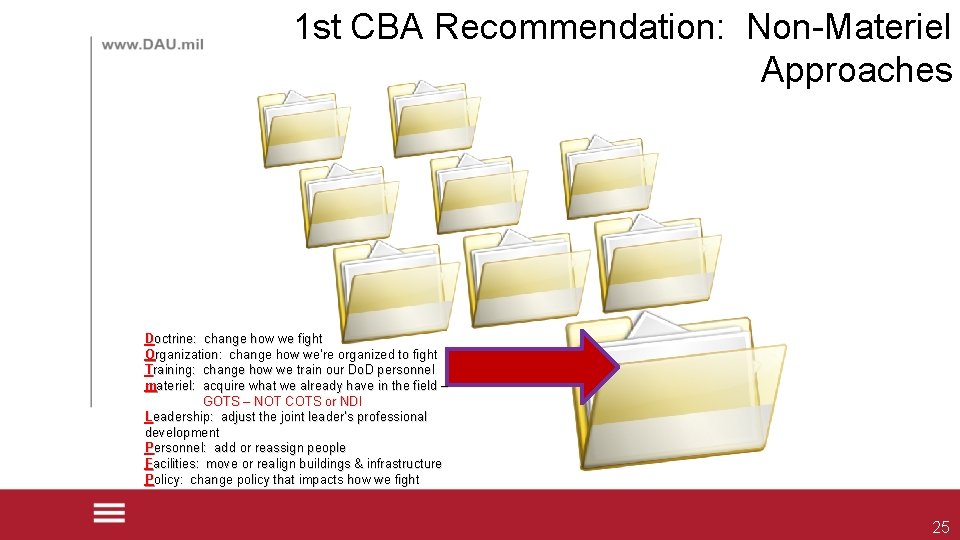 1 st CBA Recommendation: Non-Materiel Approaches Doctrine: change how we fight Organization: change how